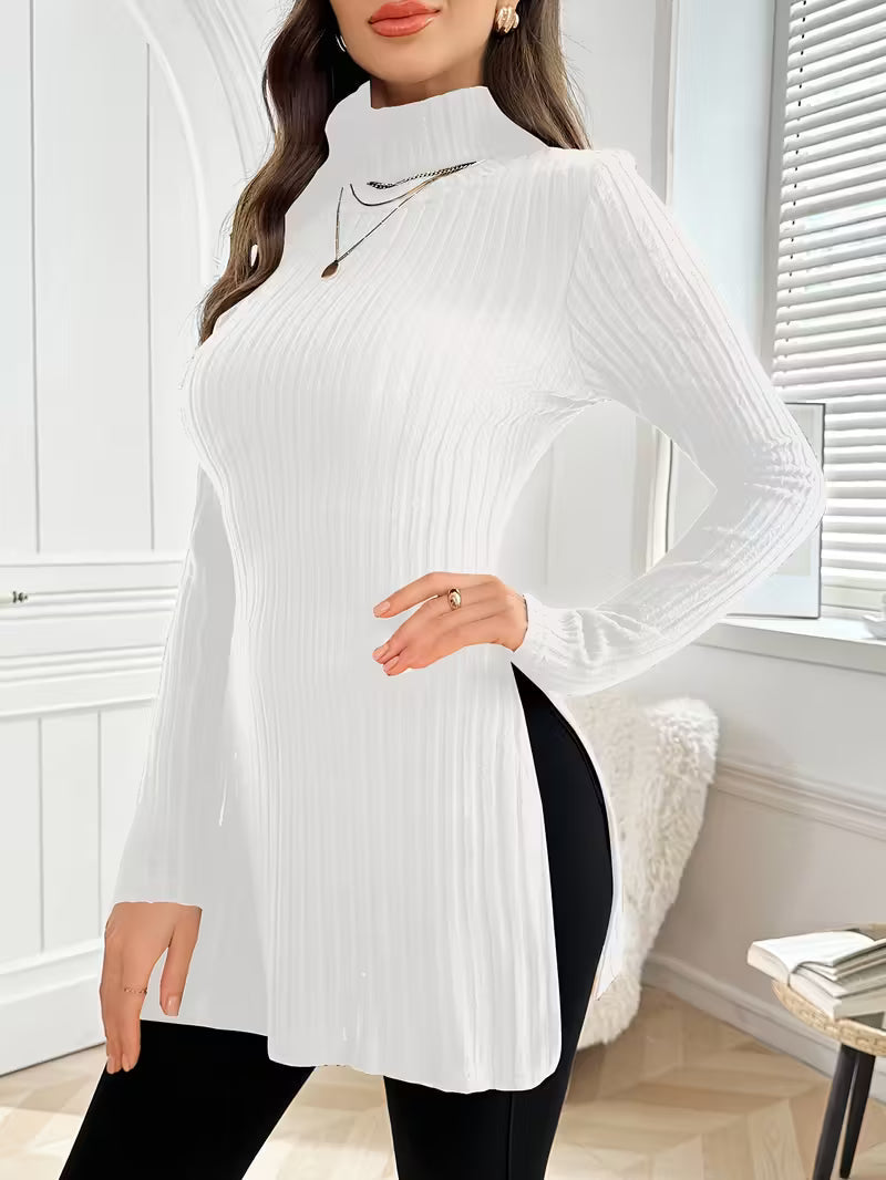 JENIFER- Jersey largo de canalé con cuello alto